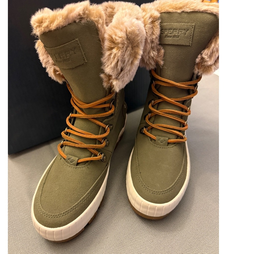 Sperry Torrent Winter Suede Boots Olive Green Faux Fur Waterproof STS89006 W 7.5 - Picture 3 of 9